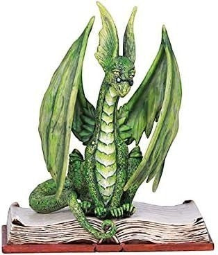 My Store Scholar Dragon statue, a green dragon with spectacles reading a book, made of resin.