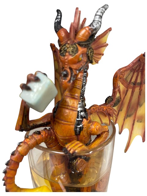 My Store Steampunk dragon figurine in orange and gold, holding a white cube in a glass.