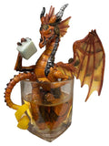 My Store Steampunk dragon figurine in orange and silver, holding an ice cube, sitting in a whiskey glass with lemon peel.