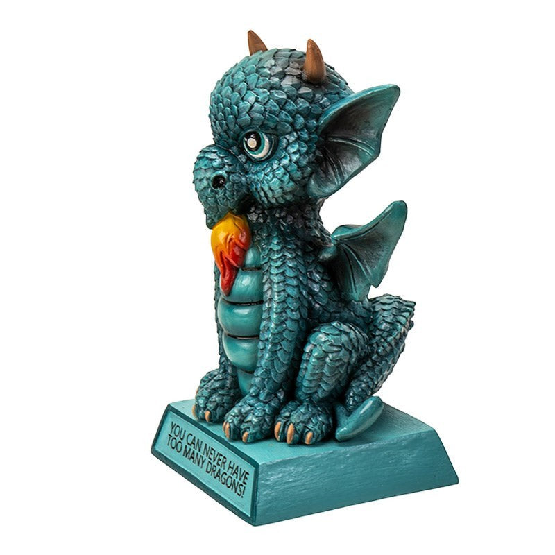 My Store teal blue dragon figurine with intricate scales, wings, and a flame in its mouth. Sits on a base with "You Can Never Have Too Many Dragons!" inscribed.