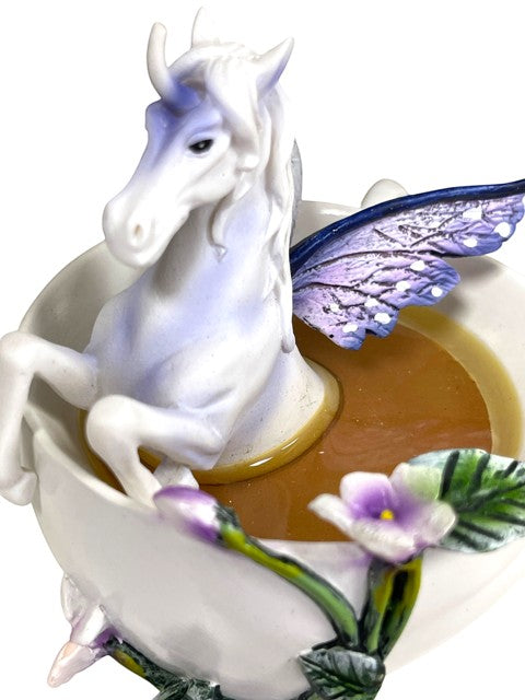 My Store Amy Brown Enchanted Unicorn Tea Cup Figurine with purple butterfly wings and floral accents.