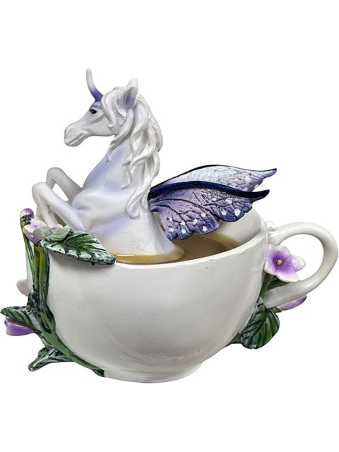My Store Amy Brown Enchanted Unicorn Tea Cup Figurine with purple butterfly wings and floral accents.