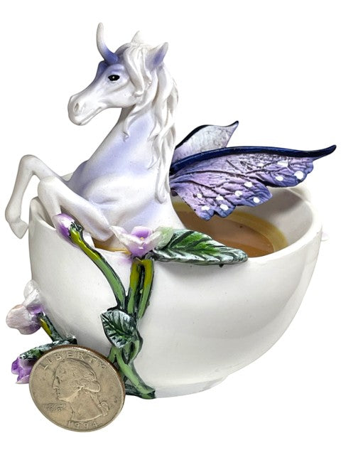 My Store white teacup figurine with a purple and white unicorn with butterfly wings, adorned with purple flowers and green vines.