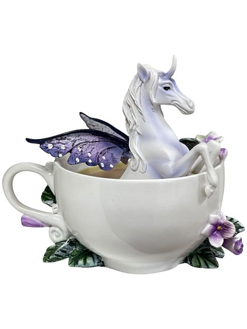My Store white teacup figurine with a purple-winged white unicorn emerging, adorned with purple flowers and green leaves.