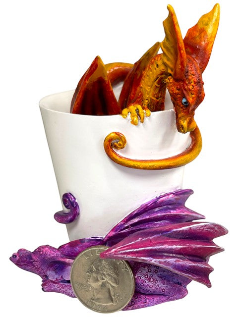 My Store Amy Brown Wake Up Dragons figurine: a small, orange and yellow dragon peeks out of a white teacup with purple wings.