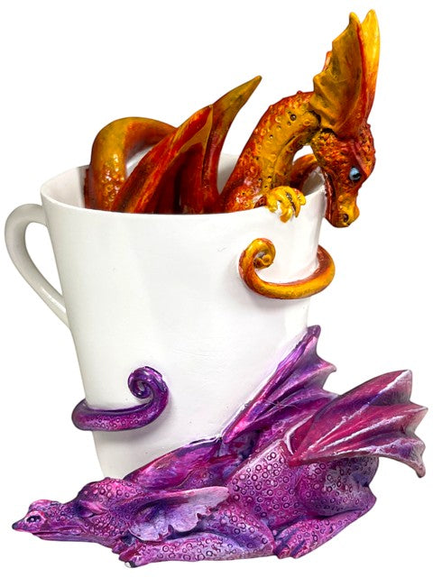 My Store Amy Brown Wake Up Dragons fantasy art figurine, orange dragon in white mug, purple dragon on base.