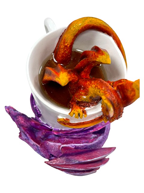 My Store Amy Brown Wake Up Dragons fantasy art figurine collectible, red and orange dragon in a white teacup with brown liquid.
