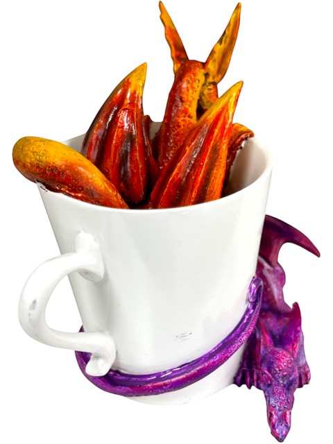 My Store Amy Brown Wake Up Dragons figurine: a white mug with red and yellow dragon heads emerging, a purple dragon wrapped around the mug.