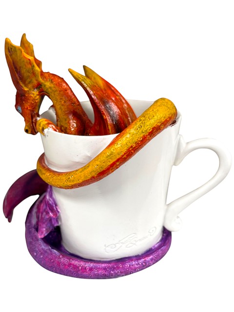 My Store Amy Brown Wake Up Dragons fantasy art figurine, a red and yellow dragon coiled around a white mug.