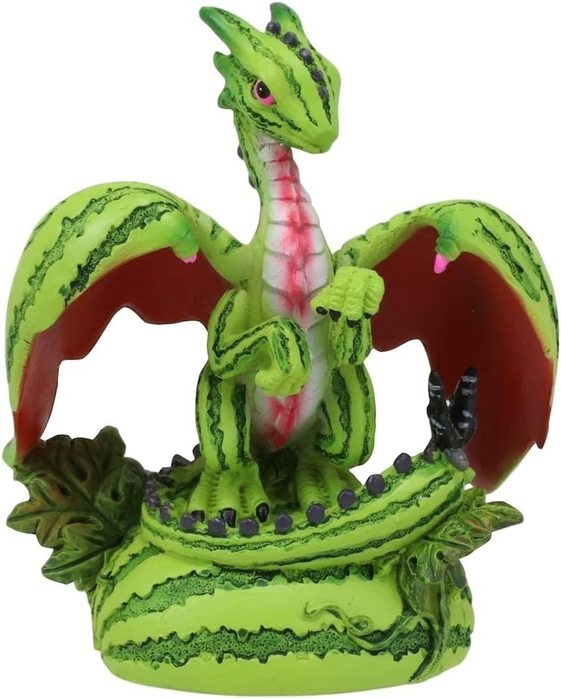 My Store Green Thumb Garden Fruits Series "Watermelon Dragon" figurine by Stanley Morrison. Green dragon with watermelon rind pattern, red wings, and pink accents.