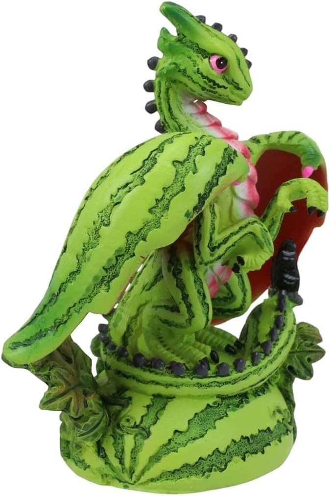 My Store Green Thumb Garden Fruits Series Watermelon Dragon figurine by Stanley Morrison. Green and pink dragon with watermelon rind pattern.