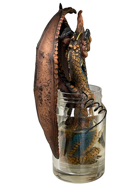 My Store winged dragon figurine in a jar with liquid, detailed resin sculpture with copper and blue accents.