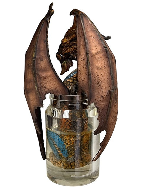 My Store winged dragon figurine in a jar, detailed resin with bronze wings and blue scales.