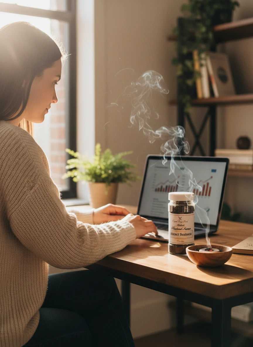 My Store Crystal Fairy Patch Attract Business Powdered Incense in a jar on a desk with smoke rising from a burning incense stick.