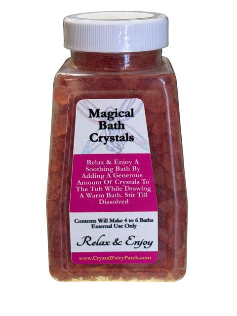 My Store Crystal Fairy Patch Attraction Bath Salts in a clear jar with a white lid. Rose-colored bath crystals.