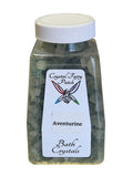My Store Crystal Fairy Patch Aventurine Bath Salts in a clear plastic jar with a white lid. Greenish-blue crystals.
