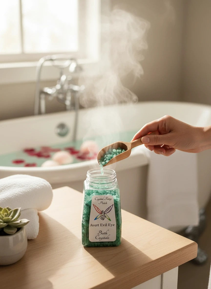 My Store Avert Evil Eye bath crystals in a clear jar, green crystals being scooped into a bath.