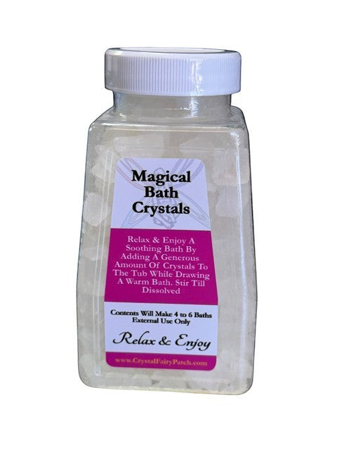 My Store Crystal Fairy Patch Positive Vibrations Bath Salts in a clear jar with a white lid. White bath crystals inside.