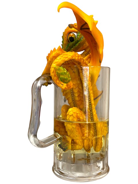 My Store Beer Dragon figurine by Stanley Morrison, yellow dragon with green accents peeking out of a beer mug.