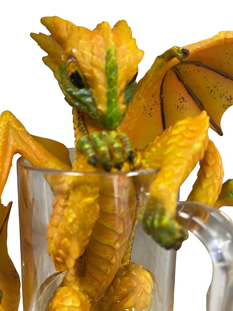 My Store Drinks and Dragons Series "Beer Dragon" figurine by Stanley Morrison, yellow and green dragon perched on a glass mug.