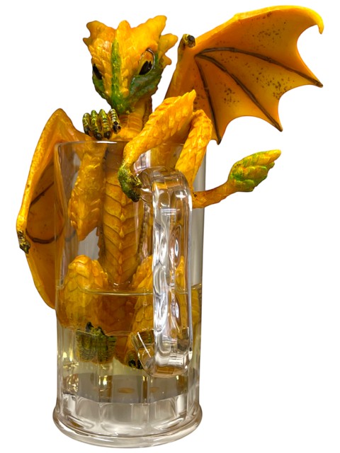My Store Beer Dragon figurine by Stanley Morrison, yellow dragon with green accents sitting in a beer mug.