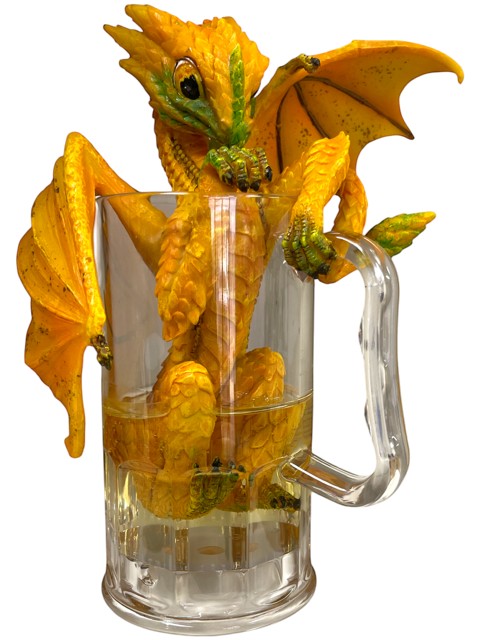My Store Beer Dragon figurine by Stanley Morrison, a yellow and green dragon peeking out of a beer mug.