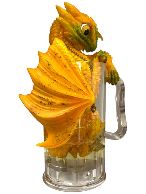 My Store Beer Dragon figurine by Stanley Morrison, a yellow and green dragon perched in a clear beer mug.