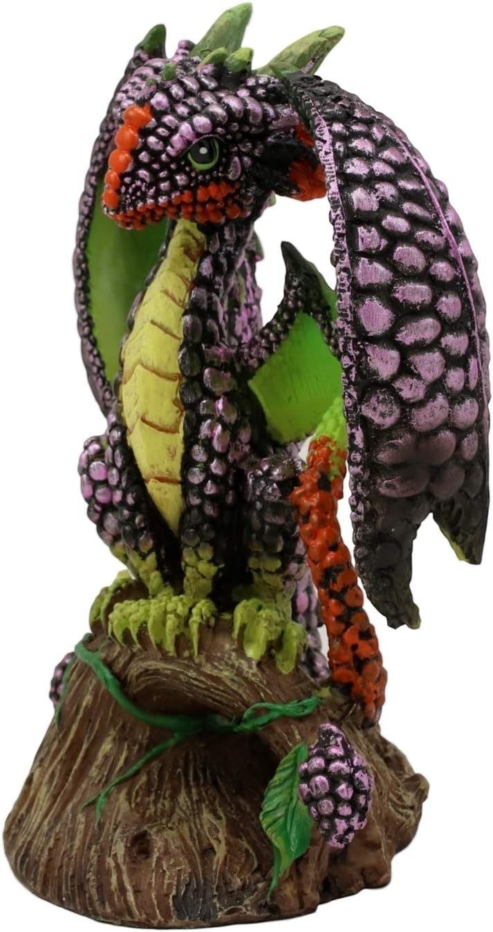 My Store Green Thumb Garden "Blackberry Dragon" figurine by Stanley Morrison. Purple dragon with green wings and yellow belly sits on a tree stump with blackberries.