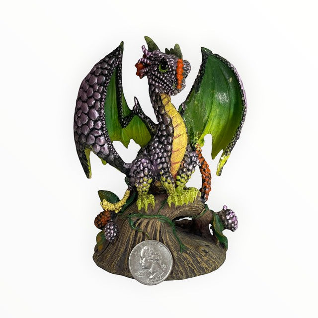 My Store Blackberry Dragon figurine by Stanley Morrison, a whimsical garden statue with purple and green wings, yellow belly, and blackberry accents.