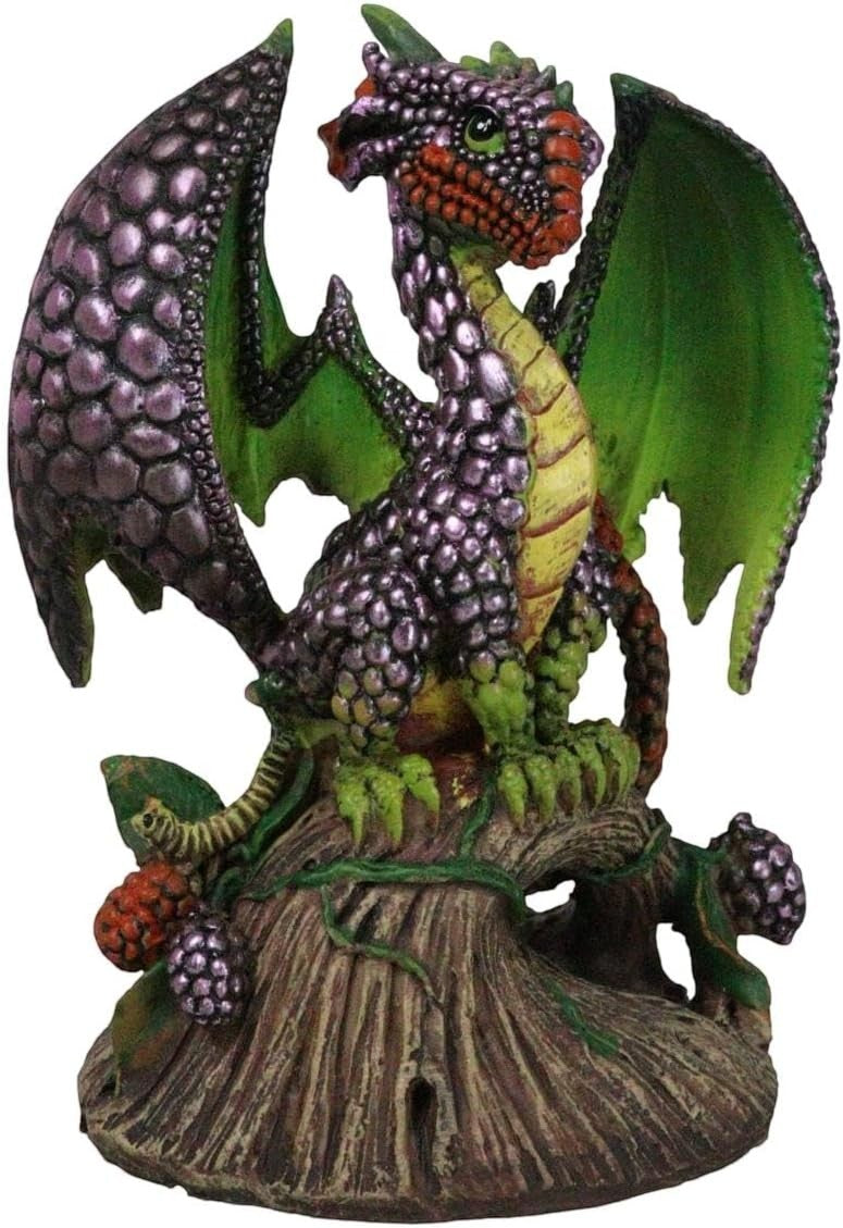 My Store Green Thumb Garden Fruits Series "Blackberry Dragon" figurine by Stanley Morrison. Purple dragon with green wings sits on a tree stump with blackberries.