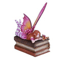 My Store Book Club Fae figurine of a fairy with pink and purple striped legs and dress, and pink wings, lying on books with a small dragon.