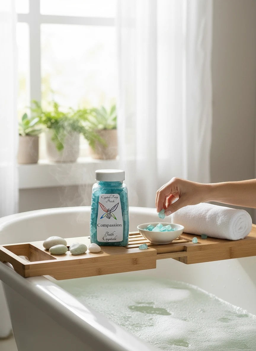 My Store Crystal Fairy Patch Compassion Bath Salts promote empathy and kindness. Blue bath crystals in a jar and bowl.