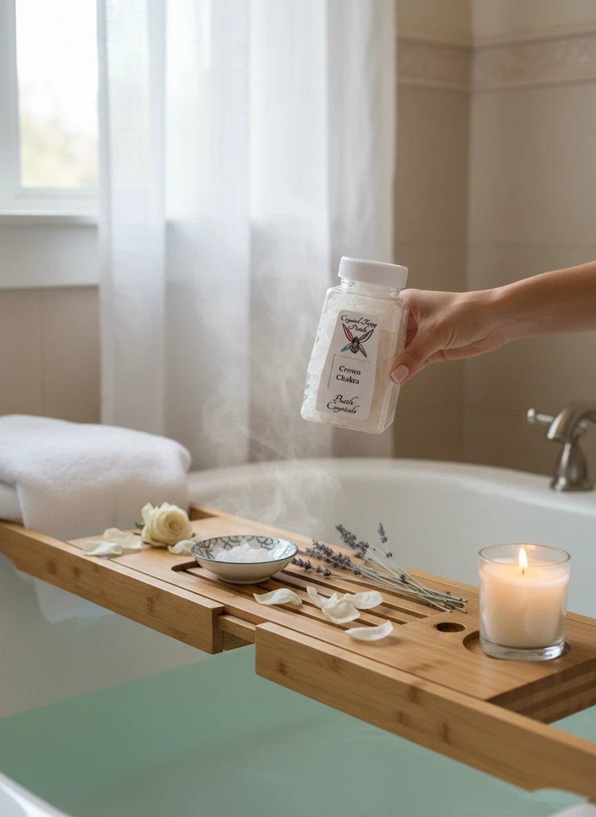 My Store Crystal Fairy Patch Crown Chakra Bath Salts in a clear jar, white crystals, for spiritual connection and balance.
