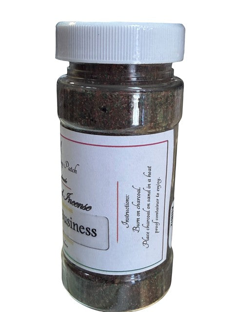 My Store Crystal Fairy Patch attract business powdered incense in a clear container with a white lid. Instructions for use are on the label.