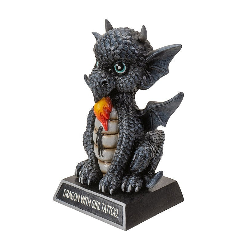 My Store black dragon figurine with intricate scales, wings, and flame, featuring a girl tattoo inscription.