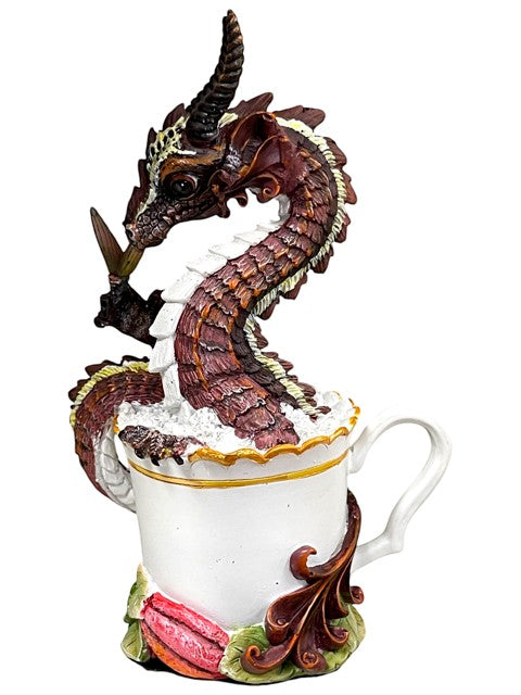 My Store brown and yellow dragon figurine coiled in a white teacup with gold trim and rose base.