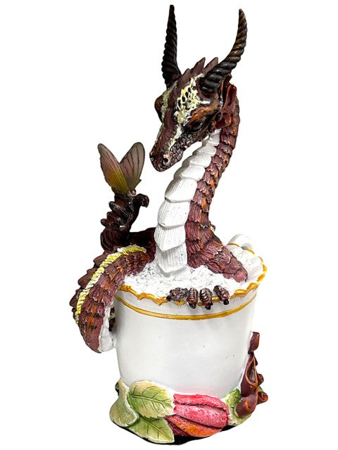 My Store brown and white dragon figurine in a teacup with roses and butterfly detail.