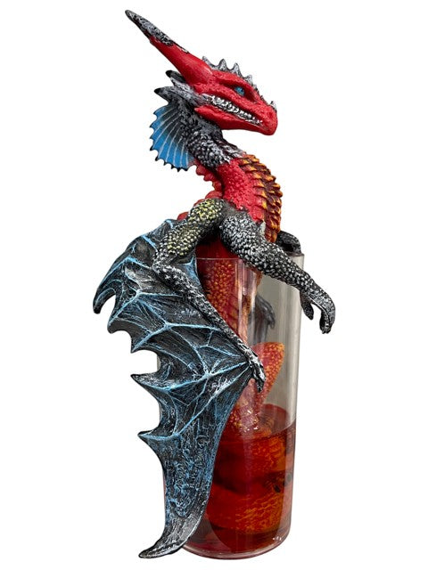 My Store Drinks and Dragons Long Island Iced Tea dragon figurine with red, black, blue, and silver details, perched on a glass.