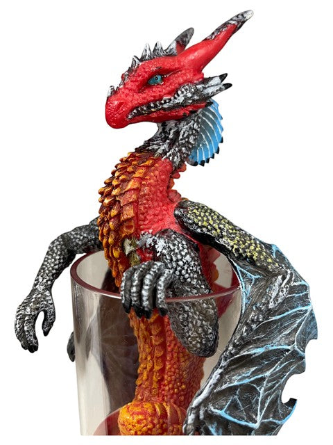 My Store Drinks and Dragons Long Island Iced Tea dragon figurine, red and orange scales, blue eyes, black and blue wings.