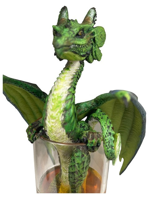 My Store Drinks and Dragons Series Mojito dragon figurine by Stanley Morrison, green dragon perched on glass.