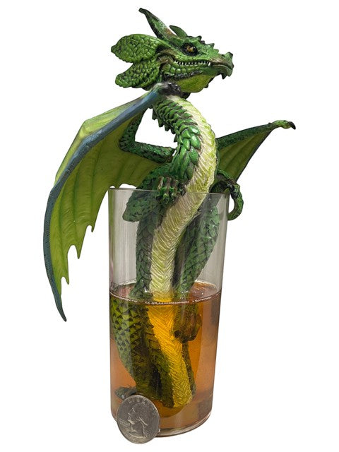 My Store Drinks and Dragons Series "Mojito" green dragon figurine by Stanley Morrison, emerging from a glass of amber liquid.