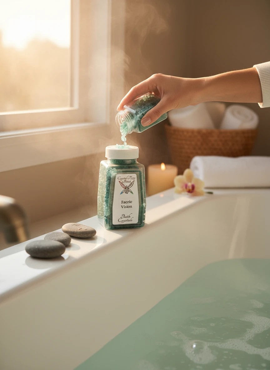 My Store Faerie Vision Bath Salts in iridescent blue-green crystals, poured into a bath.