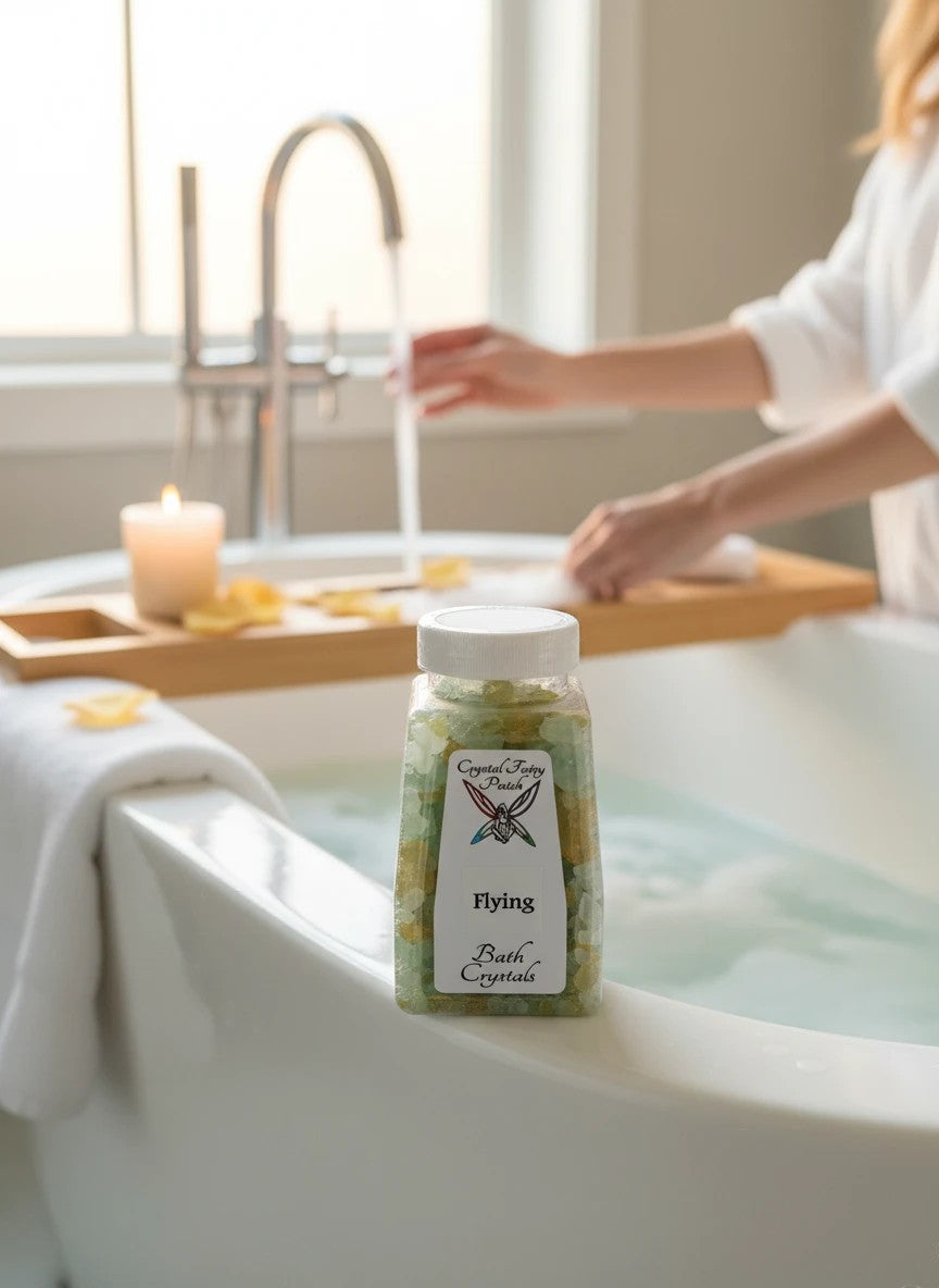 My Store Crystal Fairy Patch Flying Bath Crystals in a clear jar with green and gold crystals, placed on the edge of a bathtub.