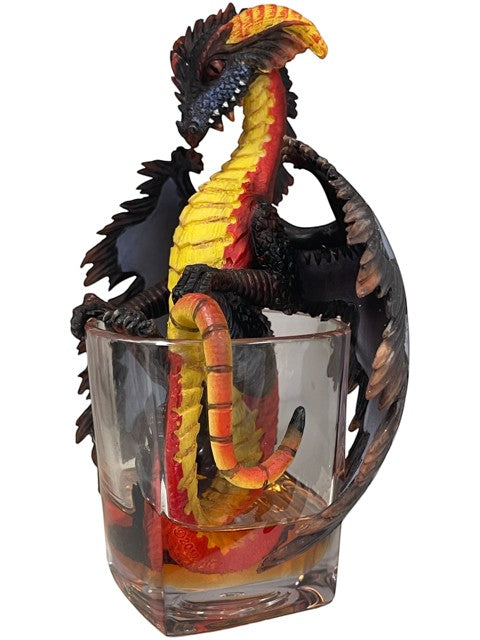 My Store Gin Dragon figurine by Stanley Morrison, a black and red dragon with yellow accents coiled around a glass.