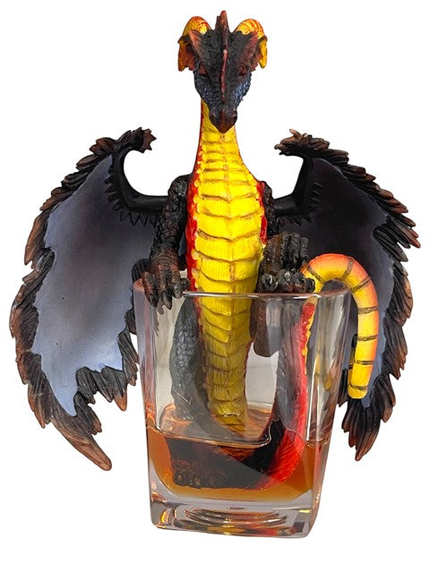 My Store Drinks and Dragons Series "Gin Dragon" figurine by Stanley Morrison, a black and yellow dragon with red accents sitting in a glass of amber liquid.