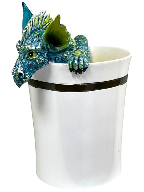 My Store "Good Morning Dragon" ceramic mug with teal and green dragon sculpture peeking over the rim. Features embossed signature.