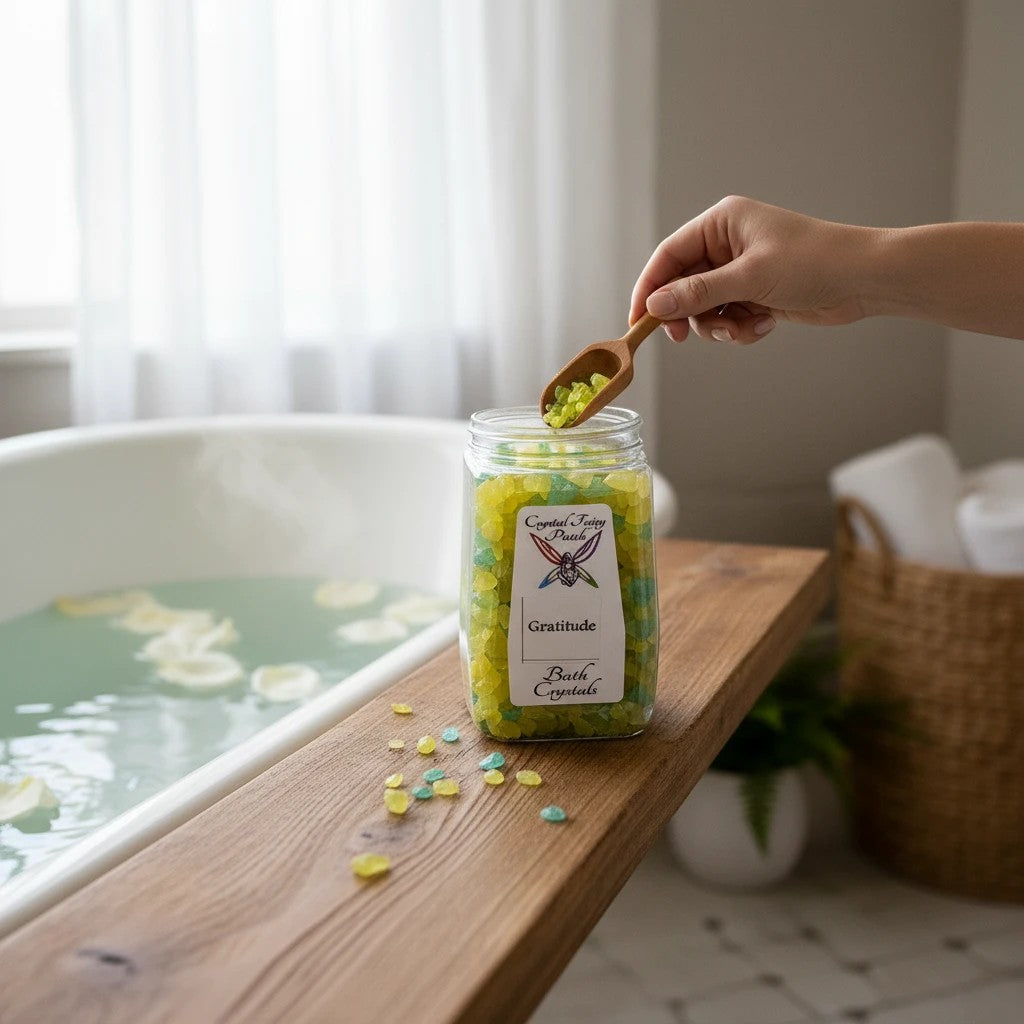 My Store Gratitude Bath Crystals in a jar with a wooden scoop, green and yellow crystals.