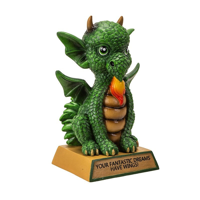 My Store green dragon figurine with wings, breathing fire, on a base with "Your Fantastic Dreams Have Wings" message. Made of resin.