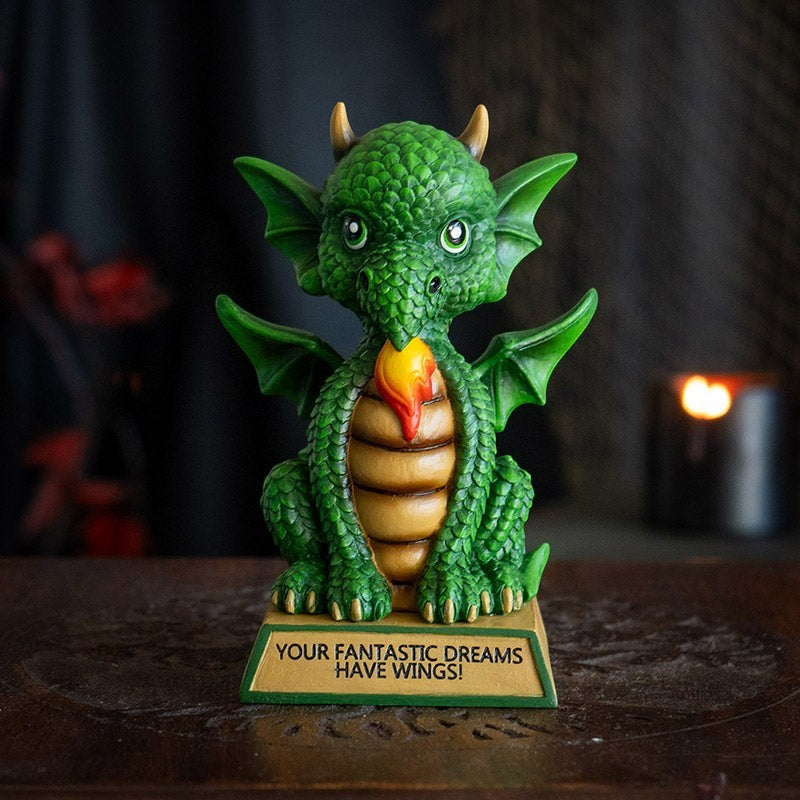 My Store green dragon figurine with wings, detailed scales, and a flame in its mouth. Inscribed base reads "Your Fantastic Dreams Have Wings".
