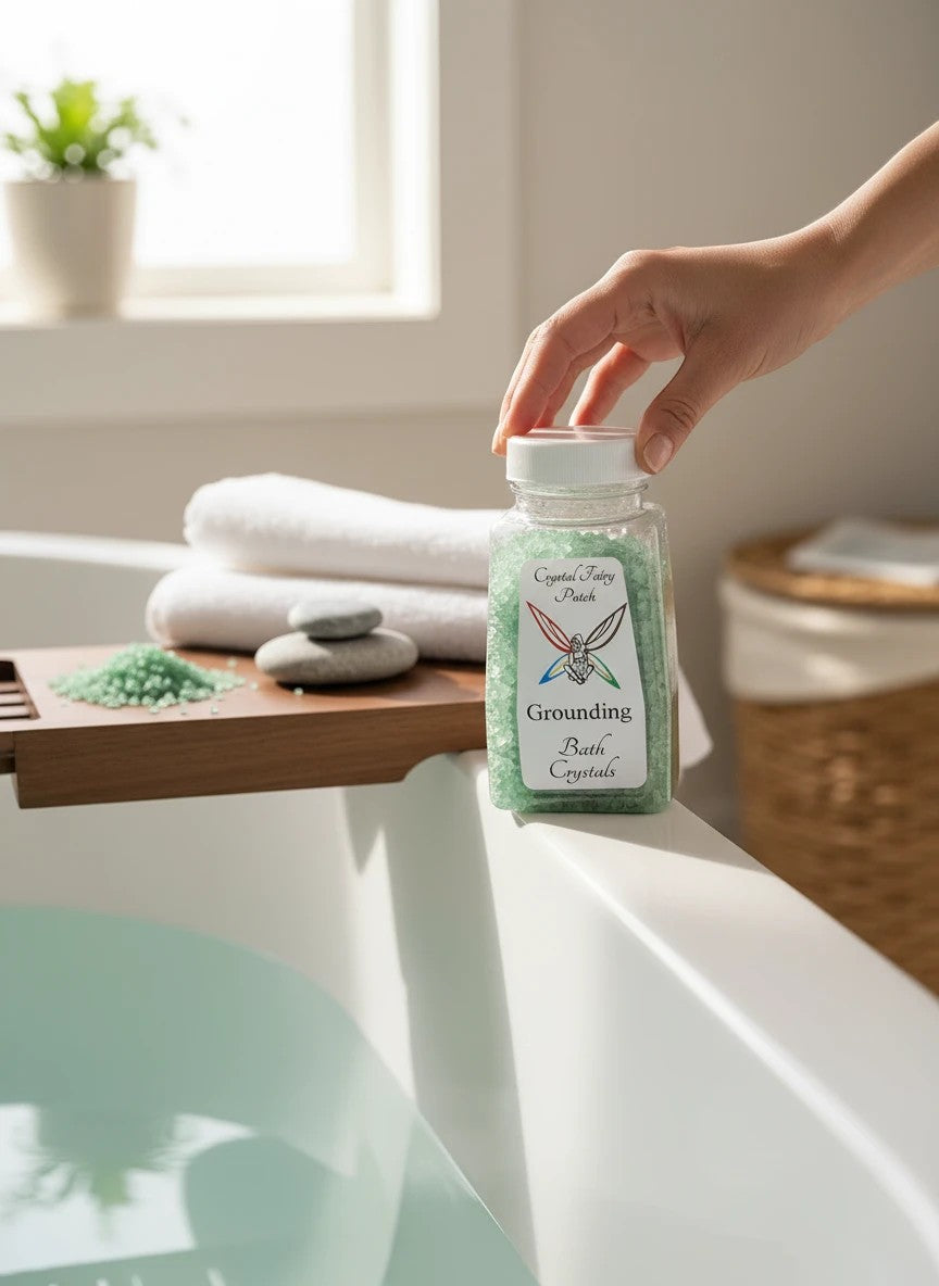 My Store Grounding Bath Crystals in a clear bottle with a green label, next to a bathtub.